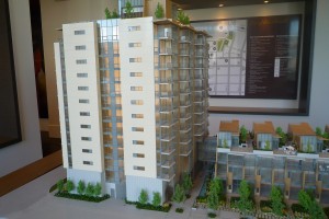 James by Cressey, A condo development in Southeast False Creek, Vancouver, BC Model of a concrete condominium building called James.